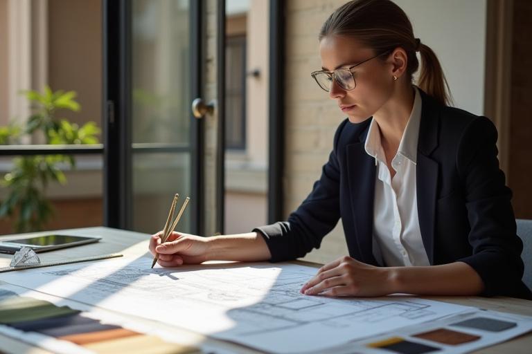 Designer d'interni a Roma che esamina planimetrie con campioni di tessuti e colori