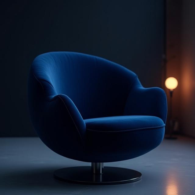 Poltrona Gravità Zero in velluto blu notte, galleggiante nel design